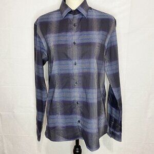 H HALSTON Mens Long Sleeve Button Down Size Medium Blue Black Plaid